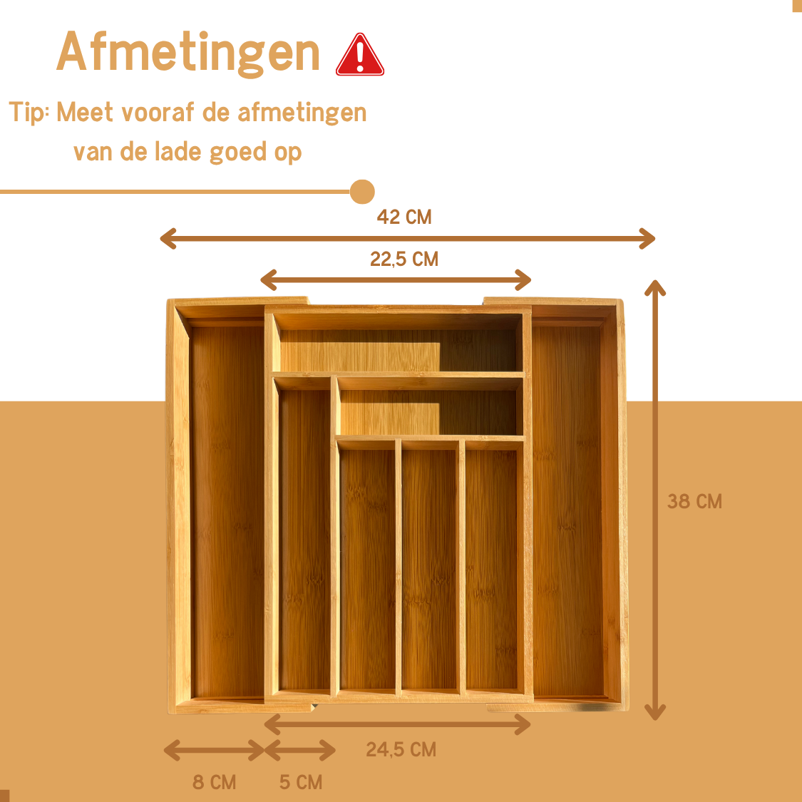 Afmetingen Arboledia uitschuifbare bamboe bestekbak